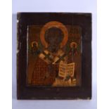 AN ANTIQUE PAINTED RUSSIAN WOOD ICON. 36 cm x 30 cm.