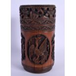 A LATE 19TH CENTURY CHINESE CARVED BAMBOO TEA CADDY AND COER decorated with birds and landscapes. 13