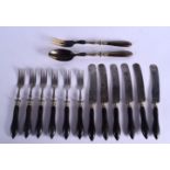 A SUITE OF ANTIQUE EUROPEAN RHINOCEROS HORN CUTLERY with steel blades. (qty)