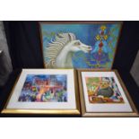 A large framed Oil on canvas of a Horse together with two framed prints 60 x 90 cm (3).