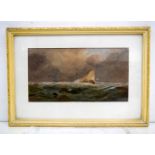 A framed watercolour of a sailing boat in rough waters 18 x 33 cm.