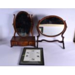 TWO ANTIQUE DRESSING TABLE MIRRORS and a framed print. Largest 44 cm x 52 cm. (3)