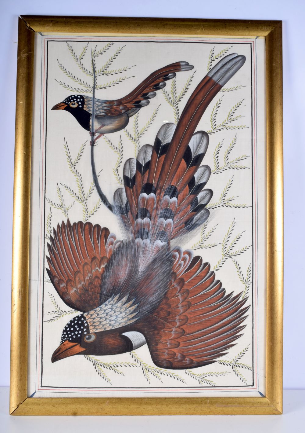 A large framed oil on silk of birds 79 x 51 cm.