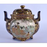 A 19TH CENTURY JAPANESE MEIJI PERIOD SATSUMA KORO AND COVER painted with landscapes. 12 cm x 12 cm.