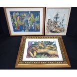A framed erotic print by Peter Rudolfo together with a framed surrealist water colour and another pr