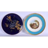 MINTON PLATE PAINTED WITH A COTTAGE LANDSCAPE UNDER A TURQUOISE AND ACID ETCHED GILT BORDER TOGTHER