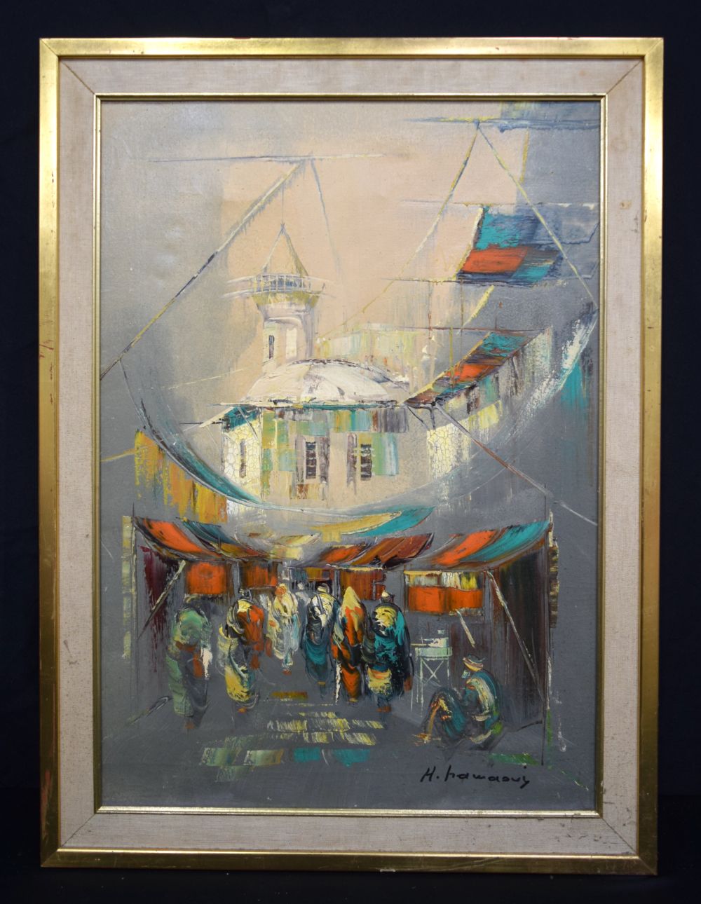 A large signed framed oil on canvas of middle Eastern market scene together with a large Chinese Wa - Image 3 of 3