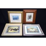 A framed oil on board together with three framed watercolours largest 16 x 24 cm.