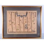 A framed 18th Century map of the road from London to Poole by John Ogleby 36 x 45 cm.