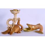 ROYAL WORCESTER RARE CARP SHAPED ASHETTE AND A ROYAL WORCESTER RARE DRAGON SHAPE CANDLE STICK 14cm