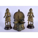 A PAIR OF 18TH CENTURY INDIAN BRONZE FIGURES together with a shrine. Largest 17 cm high. (3)