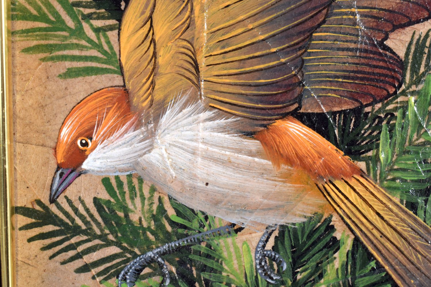 Indian School (C1910) Oil painting on leaf, pair of birds. 36 cm x 22 cm. - Image 3 of 4