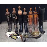 A collection of Military Calvary leather boots together with wooden lasts, Life guards Military Cap