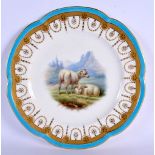 19TH C. MINTON PLATE WITH TURQUOISE, ACID ETCHED AND RAISED GILT BORDER PAINTED WITH A PAIR OF SHEEP