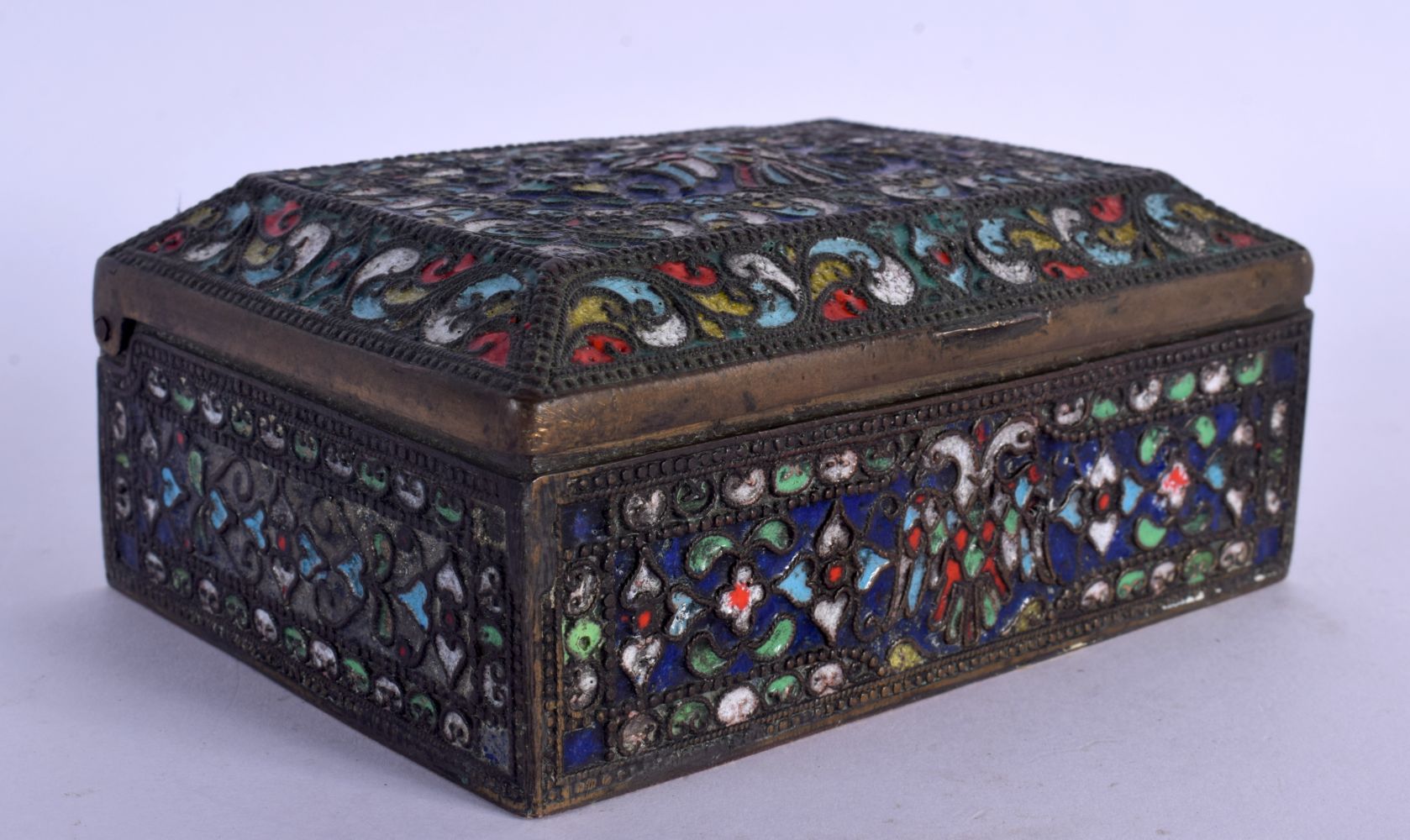 AN ANTIQUE RUSSIAN CLOISONNE ENAMEL RECTANGULAR CASKET decorated with birds and foliage. 12 cm x 8 c