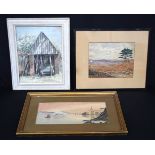 A framed watercolour of a rural landscape signed with E.M.R dated 1922 together with two other water