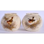 GRAINGERS WORCESTER PAIR OF SPIRALLY MOULDED SPHERICAL POTS PAINTED WITH BIRDS DATE FOR 1892 G161 6.