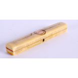 A GEORGIAN IVORY TOOTHPICK HOLDER WITH ROSE GOLD HINGE AND CARTOUCHE. 7.9cm x 1.4cm, weight 12.3g