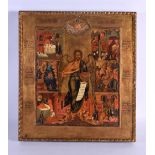 AN ANTIQUE PAINTED RUSSIAN WOOD ICON. 40 cm x 36 cm.