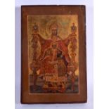 AN ANTIQUE PAINTED RUSSIAN WOOD ICON. 30 cm x 20 cm.