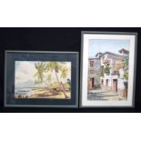 A framed watercolour of a South East Asian village by A B Ibrahim together with another watercolour