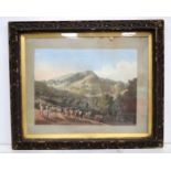A large antique framed Lithographic print of cattle being herded through a mountainous landscape in