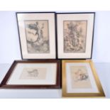 An antique coloured etching together with 3 other etchings 33 x 23 cm (4).