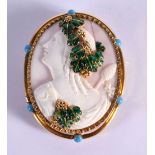 A GOLD CAMEO BROOCH WITH ENAMEL DECORATIONS. 6.4cm x 4.8cm, weight 35g