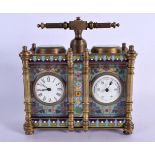 A CONTEMPORARY BRASS CHAMPLEVE ENAMEL DOUBLE CARRIAGE CLOCK. 16 cm x 14 cm.