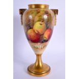 A ROYAL WORCESTER FRUIT PAINTED TWIN HANDLED VASE by Ricketts. 17 cm high.