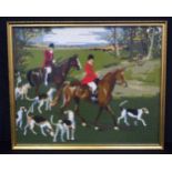 A framed wool needle point picture of a hunting scene 44 x 54 cm.