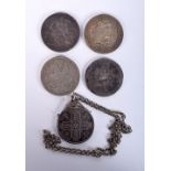 FIVE SILVER CROWNS (1 MOUNTED AS A PENDANT). 3.8cm diameter, total weight 151.5g (5)