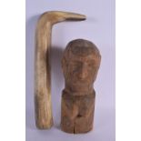 AN UNUSUAL ANTIQUE NORTH AMERICAN TRIBAL INUIT BIRD HEAD TYPE TOOL together a tribal wood bust. Larg