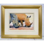 A framed pastel of Rhinoceros grazing by C A J O~Kane 21 x 30 cm.