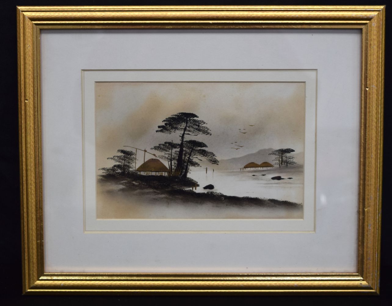 A Japanese framed oil on board depicting a lakeside 15 x 23 cm.