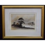 A Japanese framed oil on board depicting a lakeside 15 x 23 cm.