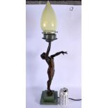 A LARGE ART DECO SPELTER FIGURAL LAMP with Vaseline glass shade. 54 cm x 10 cm.