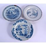 THREE 18TH CENTURY DELFT BLUE AND WHITE TIN GLAZED PLATES painted with various scenes. 24 cm diamet