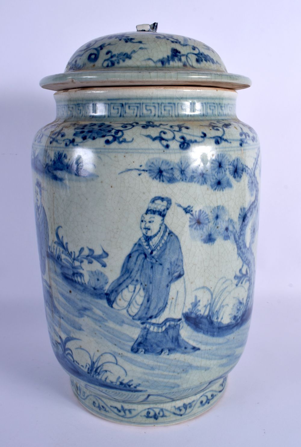 A LARGE CHINESE BLUE AND WHITE VASE AND COVER 20th Century, painted with scholars within landscapes. - Image 2 of 5