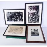 A pair of framed photographs of market scenes together with a framed ink drawing and a print largest