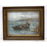 A framed oil on canvas of a fisherman in a boat with an indistinct signature dated 1929 .29 x 39 cm.