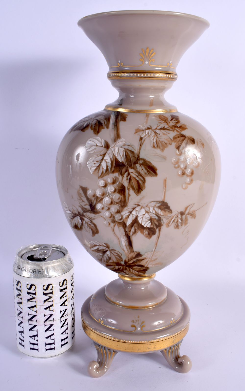 A LARGE LATE VICTORIAN OPALINE GLASS VASE painted with berries and leaves. 36 cm x 15 cm.