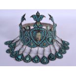 A RARE INDIAN SILVER AND TURQIOISE TIARA with heavily jewelled decoration. 350 grams. 27 cm x 15 cm