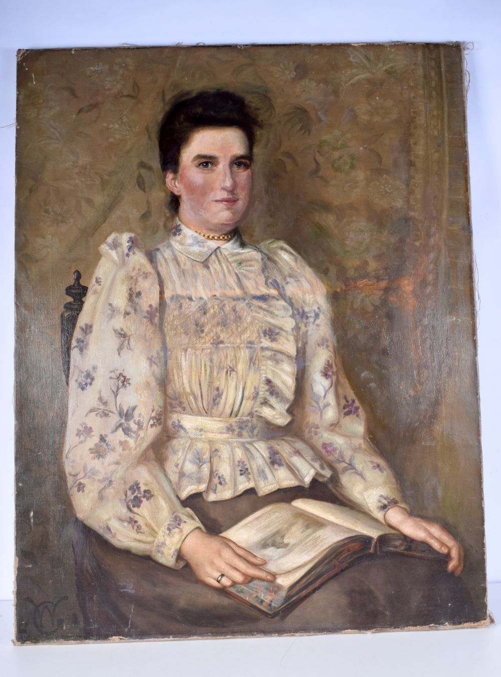 A large Oil on canvas portrait of a female signed with monogram CW 91 x 71 cm
