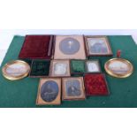 A collection of antique miniature portraits in cased frames, together with two framed coloured litho