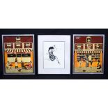 A pair of framed oleographs on canvas by M Cordi of French scenes together with a Oil by Garvin of a