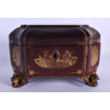 A LATE 18TH/19TH CENTURY CHINESE EXPORT LACQUERED TEA CADDY with pewter fittings. 18 cm x 11 cm.