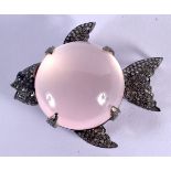 SILVER, ROSE QUARTZ & DIAMOND FISH BROOCH. 5cm x 4.3cm, weight 36.4g