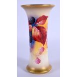 ROYAL WORCESTER TRUMPET SHAPED VASE PAINTED WITH AUTUMNAL LEAVES AND BERRIES BY KITTY BLAKE, SIGNED