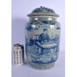 A LARGE CHINESE BLUE AND WHITE VASE AND COVER 20th Century, painted with scholars within landscapes.